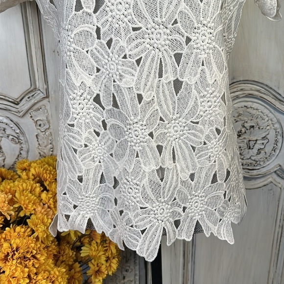 Japna Cotton Blend Heavy White Lace High Neck Short Sleeve Top Size Size Med - Picture 3 of 10
